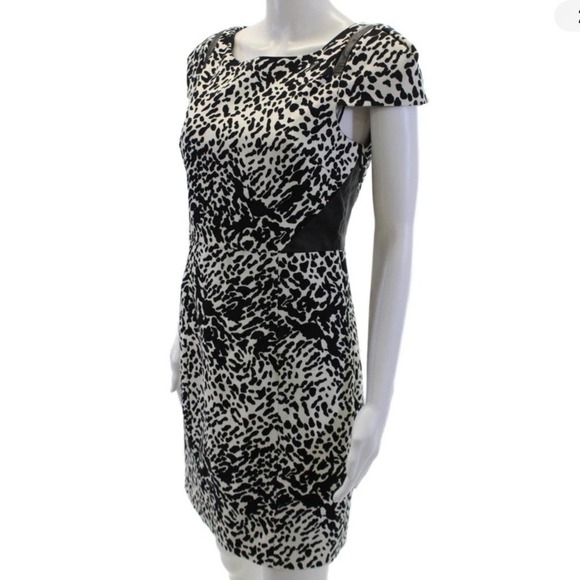 Tibi Animal Print Cap Sleeve Sheath Mini Dress Leather Trim Size 6 - Picture 4 of 11